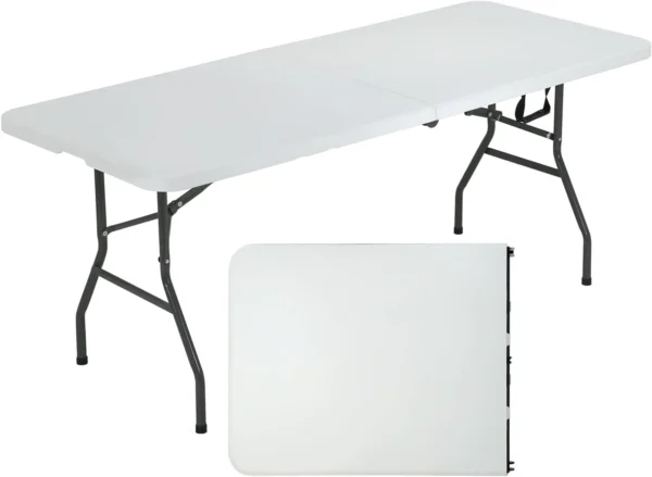 Actask Table pliante de 1,8 m (4 cm d'épaisseur) portable et compacte pour pique-nique, camping, fête, jardin – Table portable facile à transporter avec poignée de transport (blanc)