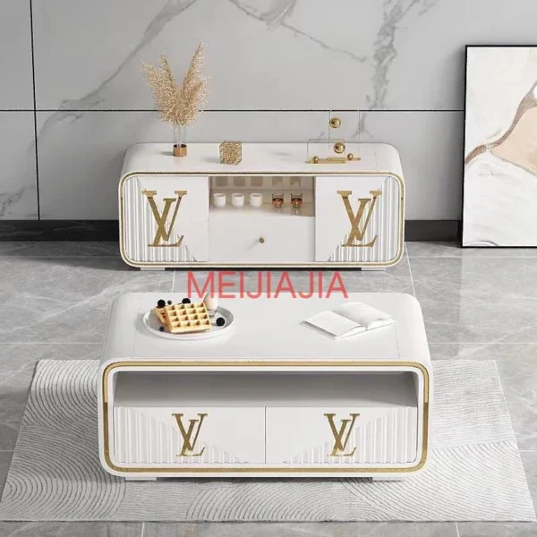 ensemble meuble TV et table de salon - LUIS VUITTON - blanc or