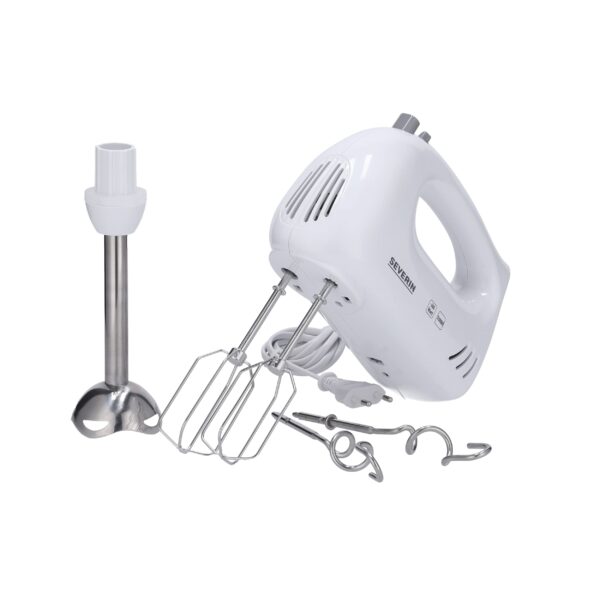 SEVERIN Batteur électrique 300 W, Fouet électrique 5 vitesses et fonction turbo, Batteur mixeur livré avec 2 fouets, 1 pied mixeur plongeant et 2 crochets de pétrissage en inox, blanc, HM 3822 [Classe énergétique A]