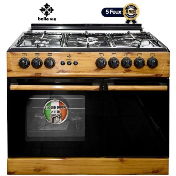 Cuisinière à Gaz Belle Vie - 5 feux - Port bouteille à Gaz - 60 x 90 cm - Bois/Noir - Garantie de 6 Mois
