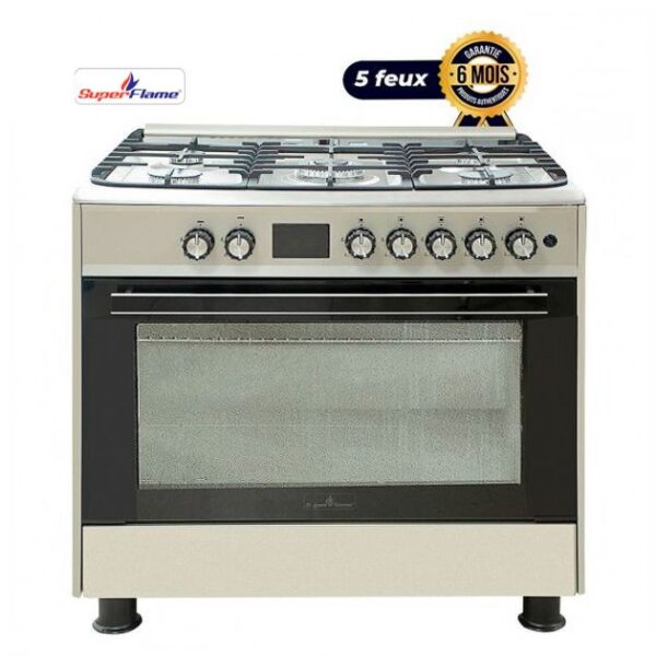 Cuisinière à Gaz - SUPER FLAME - Full option - 5 Feux - 60 x 90 cm - SF-FG9502GBZG - Grand four - Avec panneau de commande numérique - Inox - Garantie 6 mois
