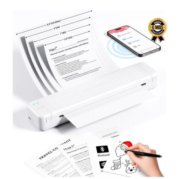 Imprimante portable sans fil - Itari P831 - Bluetooth - Sans encre 300 DPI - Pour papier de copie A4 - 6 Mois