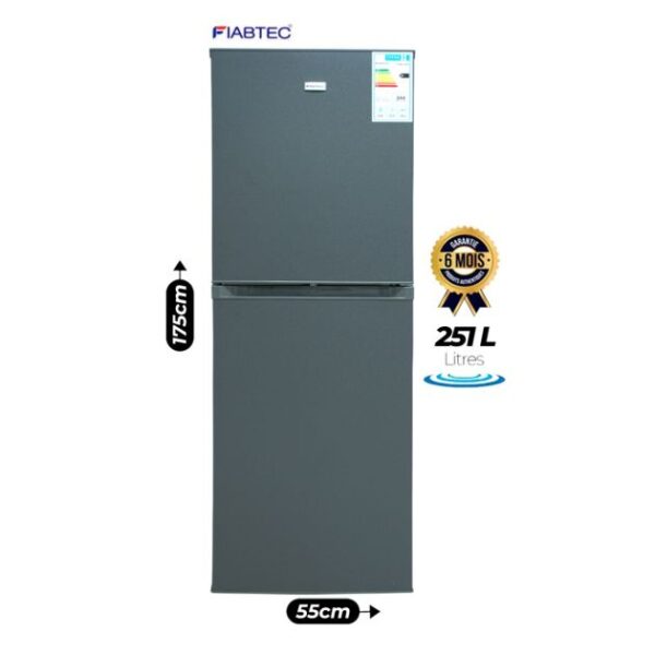Réfrigerateur Combine - FIABTEC - 251 Litres - FTBMS-350 - Avec Congelateur en Bas - Economique en energie (A+) - Gris - 6 mois