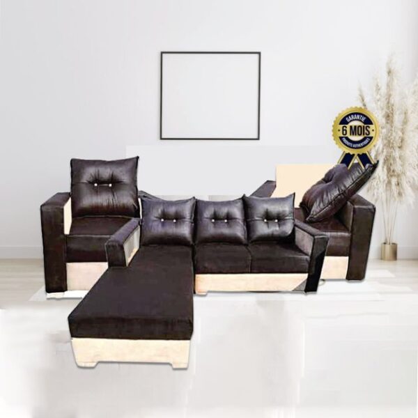 Salon d’angle complet en cuir/velours - 6 places - Marron café